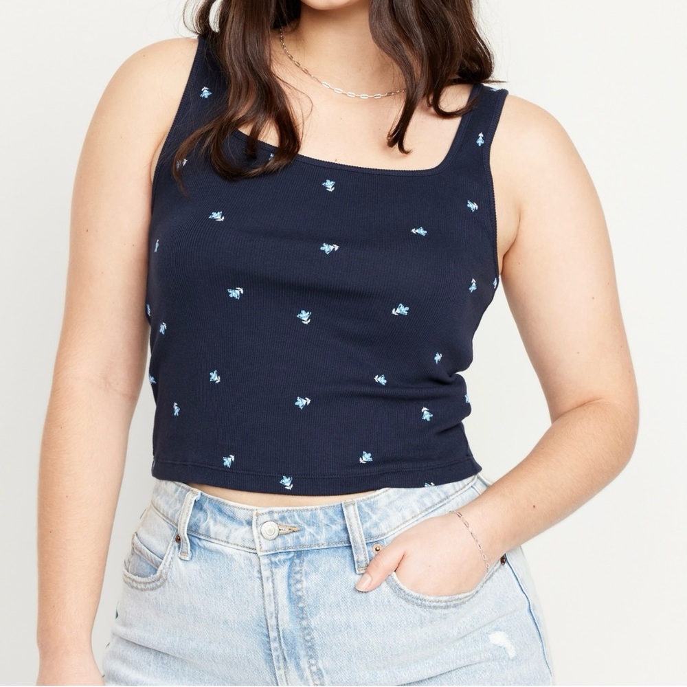 Old Navy size XL Women’s Navy Blue Floral Ultra-Crop Rib-Knit Top - Picture 2 of 8